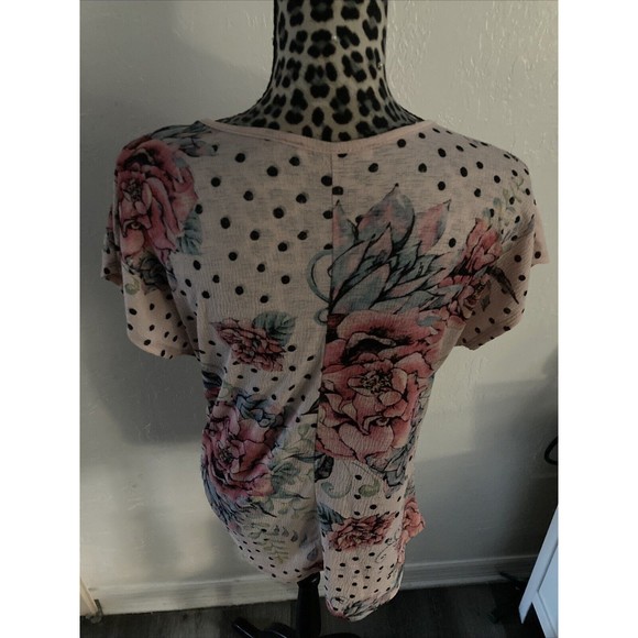 Cocos Clozet Blouse Women L Pink Floral Poka Dot Short Sleeve Round Neck - Picture 4 of 5